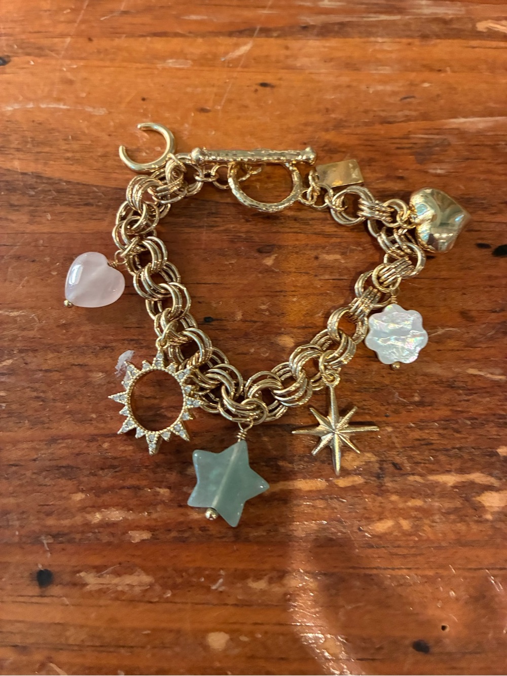 Gold Charm Bracelet with Rose Quartz, Green Star & Iridescent Charms